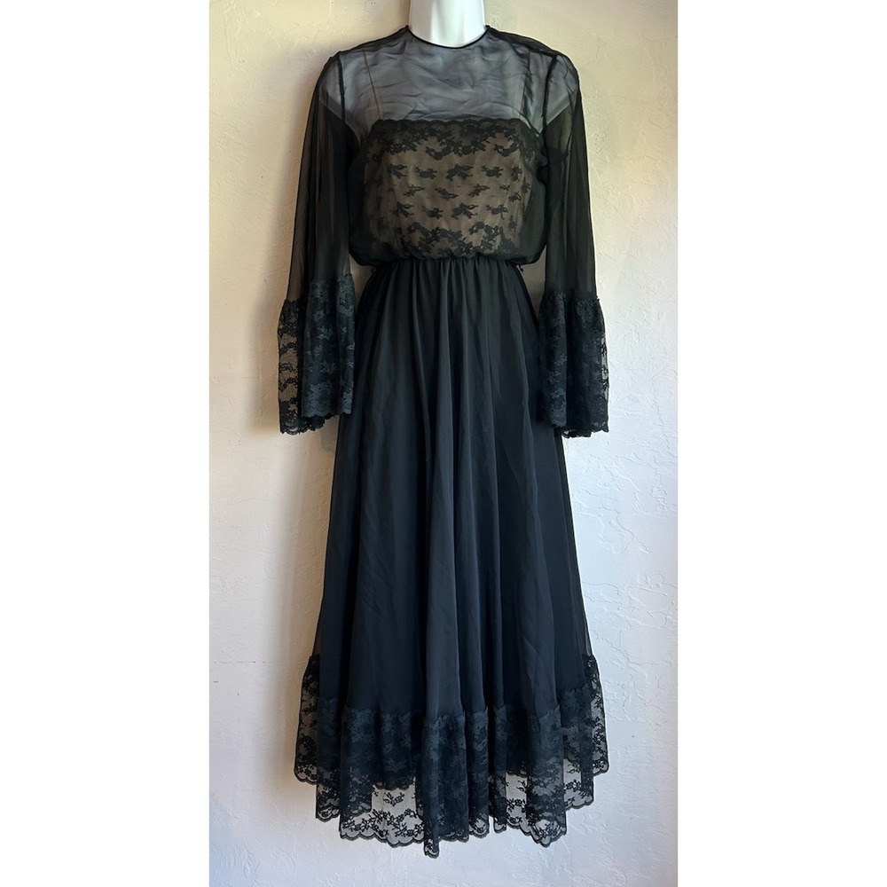 Vintage 60s Victoria Royal Gothic Prairie Victorian Midi Evening Dress‎ Sheer  6